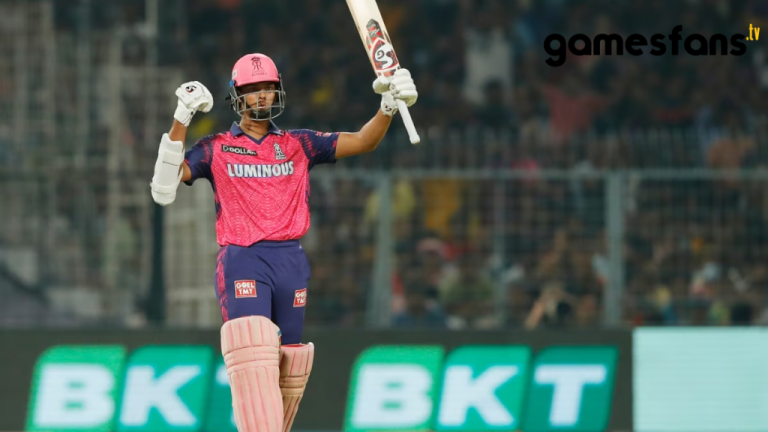 Yashasvi Jaiswal celebrating his fastest fifty in IPL.